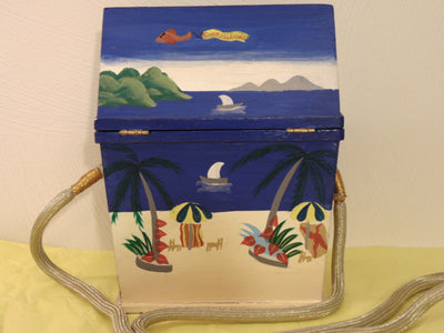 Timmy Woods Beach Cabana Cat Purse: Hand-Carved Acacia Wood, Signed 1998