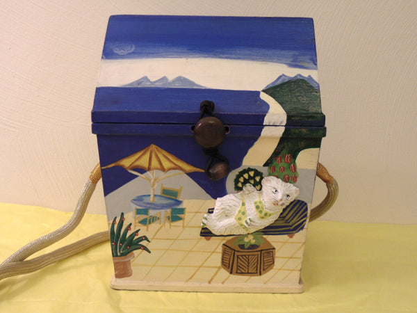 Timmy Woods Beach Cabana Cat Purse: Hand-Carved Acacia Wood, Signed 1998