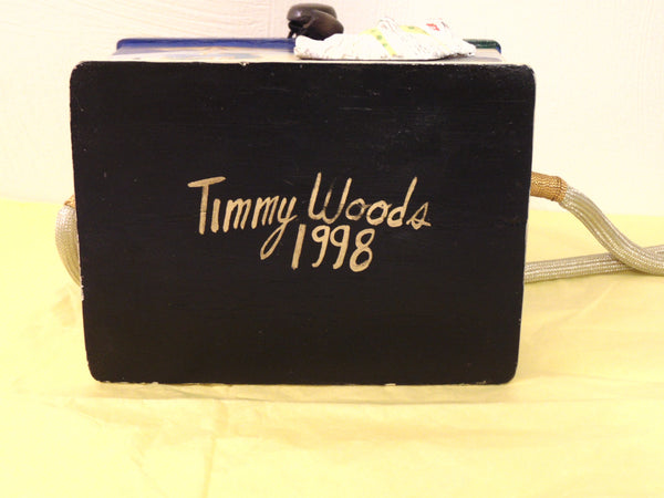 Timmy Woods Beach Cabana Cat Purse: Hand-Carved Acacia Wood, Signed 1998
