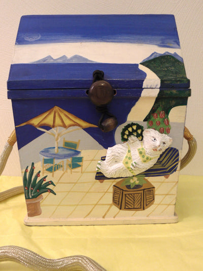 Timmy Woods Beach Cabana Cat Purse: Hand-Carved Acacia Wood, Signed 1998