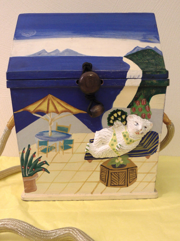 Timmy Woods Beach Cabana Cat Purse: Hand-Carved Acacia Wood, Signed 1998