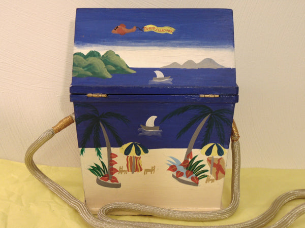 Timmy Woods Beach Cabana Cat Purse: Hand-Carved Acacia Wood, Signed 1998