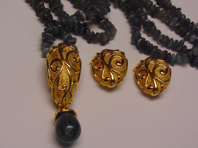 Jose Barrera Quartz Necklace Earring Set: Gold Scroll Clip Ons