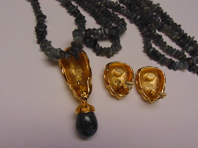 Jose Barrera Quartz Necklace Earring Set: Gold Scroll Clip Ons