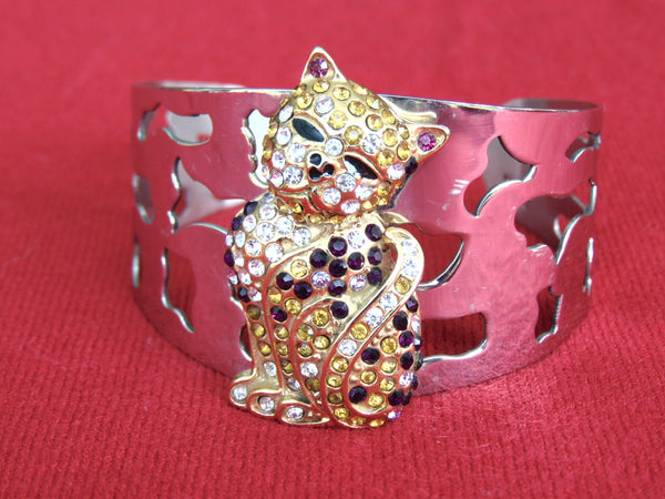 Vintage Crystal Kitty Cat Cuff Bracelet - 1990s Silver Tone