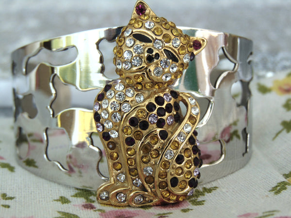 Vintage Crystal Kitty Cat Cuff Bracelet - 1990s Silver Tone