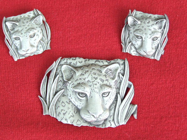 Vintage JJ Pewter Leopard Brooch and Earrings Set