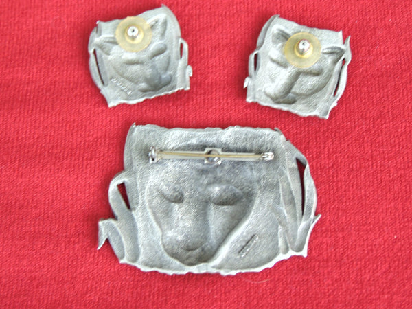 Vintage JJ Pewter Leopard Brooch and Earrings Set