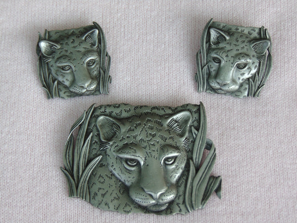 Vintage JJ Pewter Leopard Brooch and Earrings Set