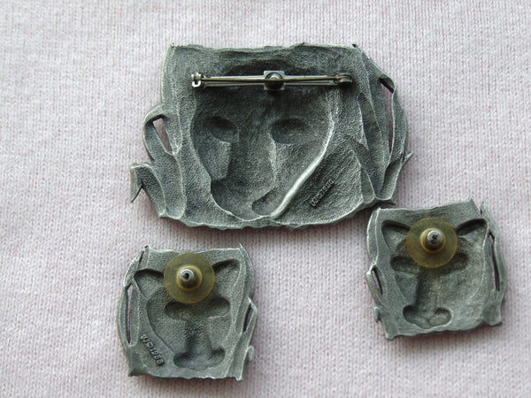 Vintage JJ Pewter Leopard Brooch and Earrings Set