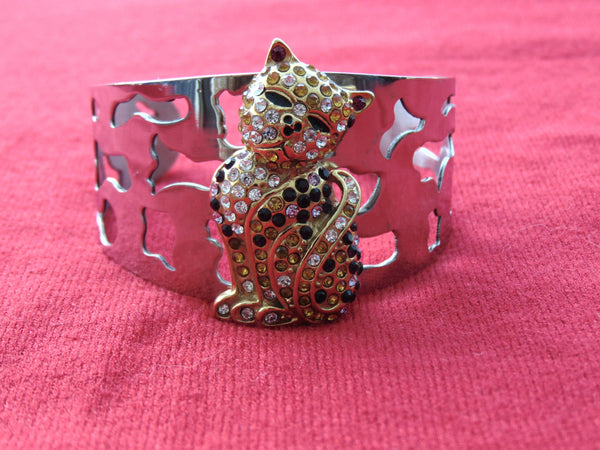 Vintage Crystal Kitty Cat Cuff Bracelet - 1990s Silver Tone