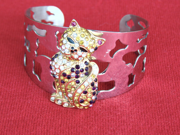 Vintage Crystal Kitty Cat Cuff Bracelet - 1990s Silver Tone