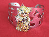 Vintage Crystal Kitty Cat Cuff Bracelet - 1990s Silver Tone