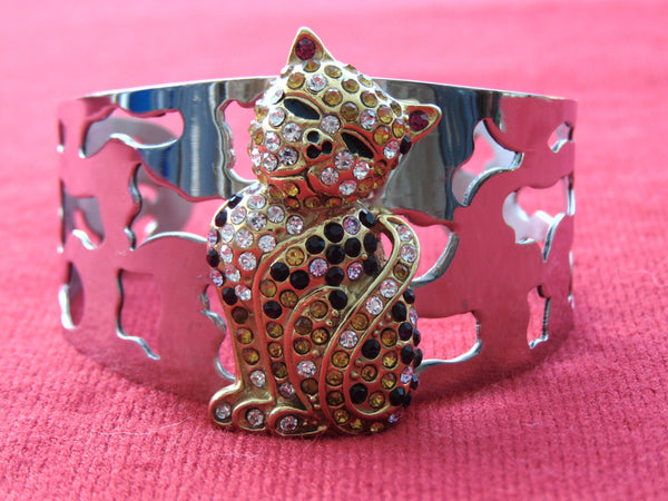 Vintage Crystal Kitty Cat Cuff Bracelet - 1990s Silver Tone