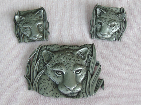 Vintage JJ Pewter Leopard Brooch and Earrings Set