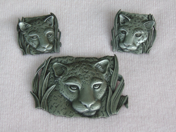 Vintage JJ Pewter Leopard Brooch and Earrings Set