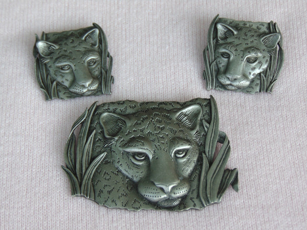 Vintage JJ Pewter Leopard Brooch and Earrings Set
