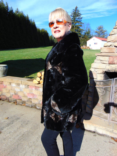 Sculpted Black Sheared Mink Jacket with Beige Inserts - Ladies Sz 14