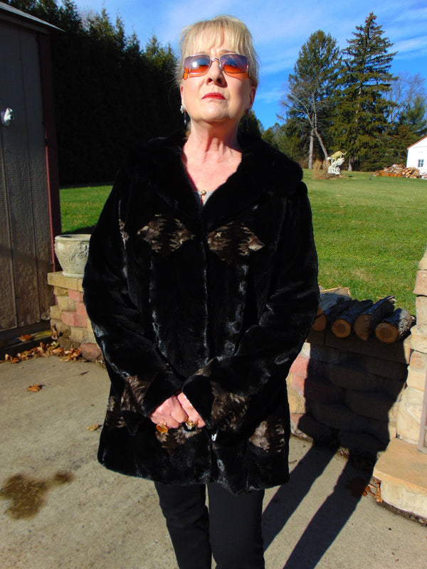 Sculpted Black Sheared Mink Jacket with Beige Inserts - Ladies Sz 14