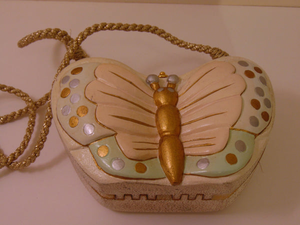 Timmy Woods Butterfly Purse, Pink & Gold Wooden Crossbody