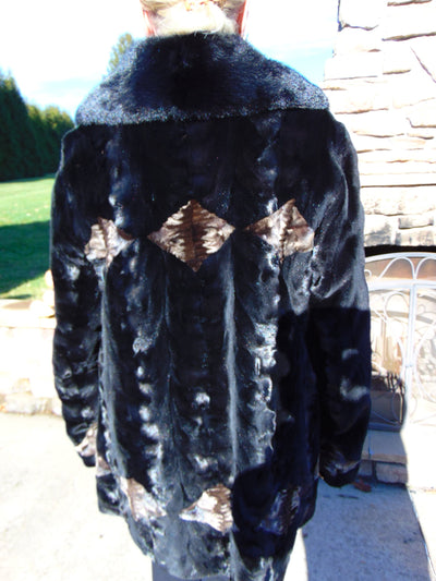 Sculpted Black Sheared Mink Jacket with Beige Inserts - Ladies Sz 14