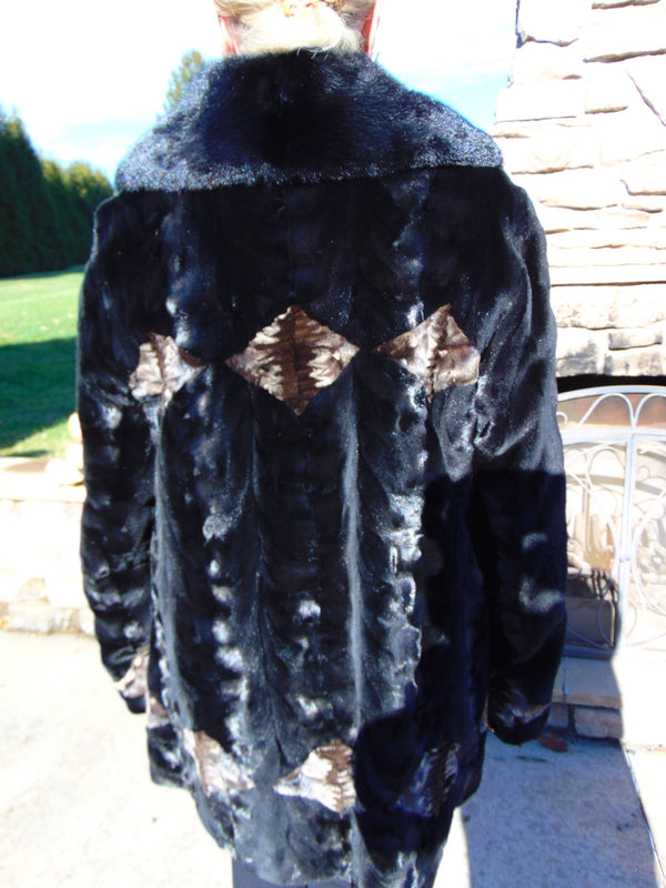Sculpted Black Sheared Mink Jacket with Beige Inserts - Ladies Sz 14