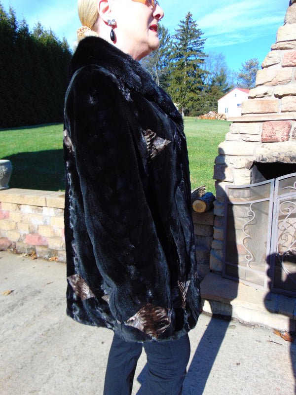 Sculpted Black Sheared Mink Jacket with Beige Inserts - Ladies Sz 14