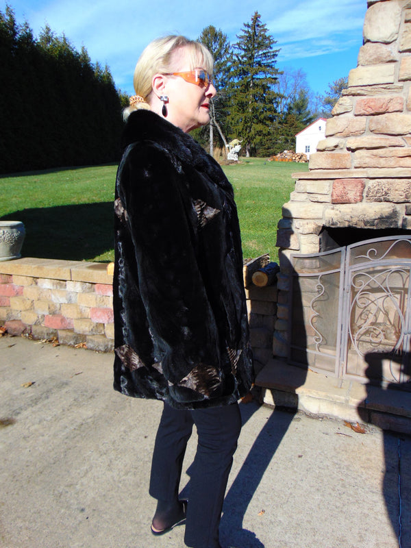 Sculpted Black Sheared Mink Jacket with Beige Inserts - Ladies Sz 14