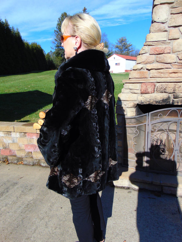 Sculpted Black Sheared Mink Jacket with Beige Inserts - Ladies Sz 14
