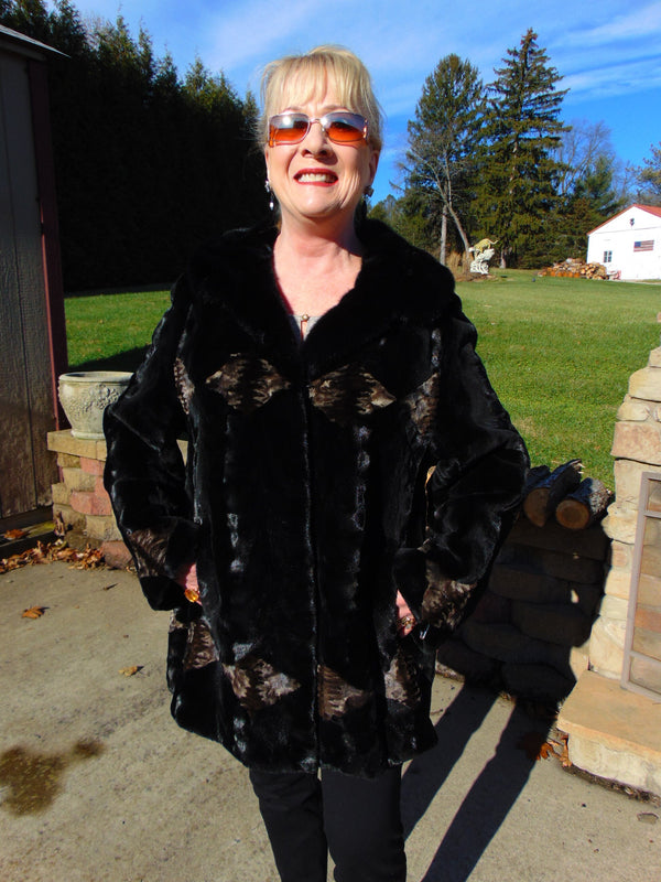 Sculpted Black Sheared Mink Jacket with Beige Inserts - Ladies Sz 14