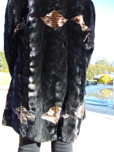 Sculpted Black Sheared Mink Jacket with Beige Inserts - Ladies Sz 14