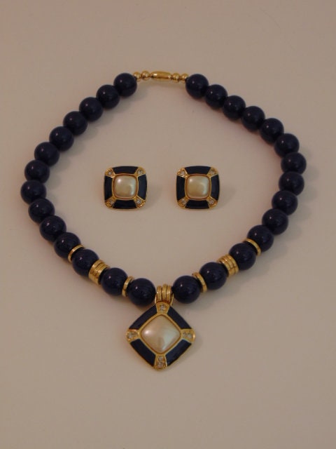 Vintage 80s Necklace Earring Set: Lapis Blue Faux Pearl Jewelry