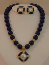 Vintage 80s Necklace Earring Set: Lapis Blue Faux Pearl Jewelry