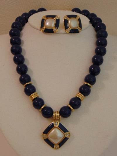 Vintage 80s Necklace Earring Set: Lapis Blue Faux Pearl Jewelry