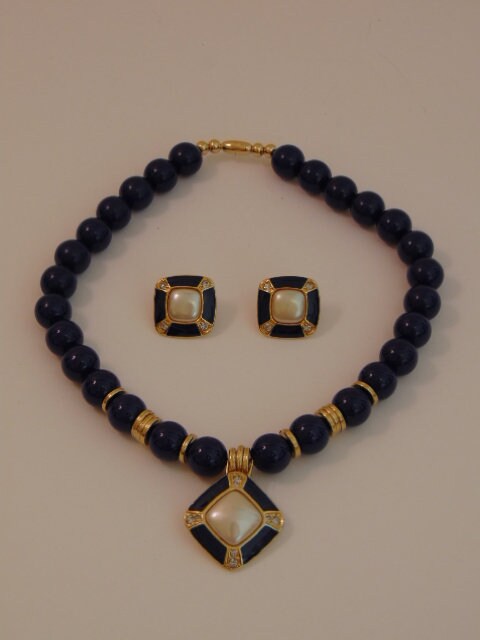 Vintage 80s Necklace Earring Set: Lapis Blue Faux Pearl Jewelry