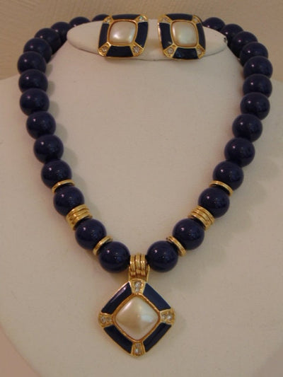 Vintage 80s Necklace Earring Set: Lapis Blue Faux Pearl Jewelry