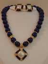 Vintage 80s Necklace Earring Set: Lapis Blue Faux Pearl Jewelry