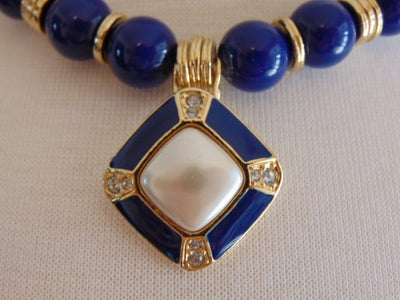 Vintage 80s Necklace Earring Set: Lapis Blue Faux Pearl Jewelry