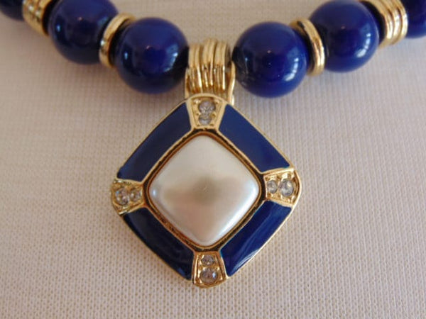 Vintage 80s Necklace Earring Set: Lapis Blue Faux Pearl Jewelry