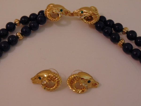 Vintage KJL Necklace and Ram Earrings Set: Avon Gold Tone Jewelry