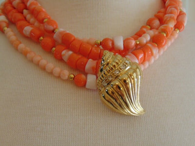 KJL Coral Bead Necklace & Gold Seashell Earrings: Undersea Collection
