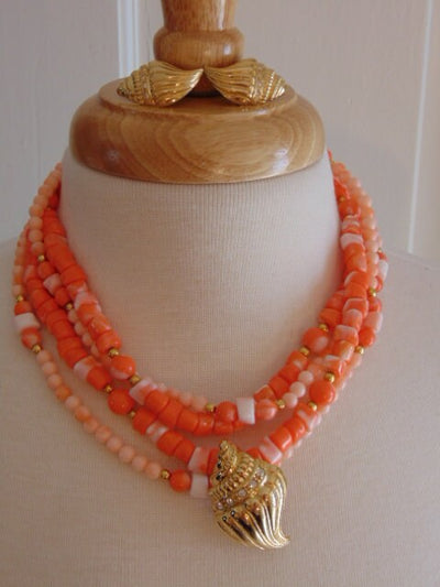 KJL Coral Bead Necklace & Gold Seashell Earrings: Undersea Collection