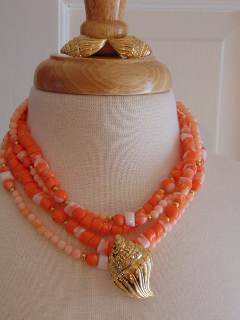 KJL Coral Bead Necklace & Gold Seashell Earrings: Undersea Collection