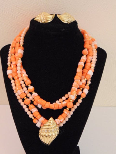 KJL Coral Bead Necklace & Gold Seashell Earrings: Undersea Collection