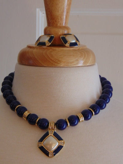 Vintage 80s Necklace Earring Set: Lapis Blue Faux Pearl Jewelry