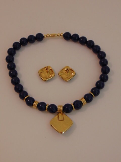 Vintage 80s Necklace Earring Set: Lapis Blue Faux Pearl Jewelry