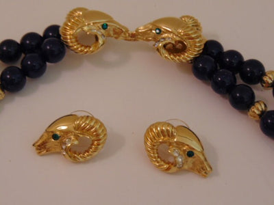 Vintage KJL Necklace and Ram Earrings Set: Avon Gold Tone Jewelry