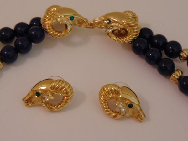 Vintage KJL Necklace and Ram Earrings Set: Avon Gold Tone Jewelry