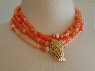 KJL Coral Bead Necklace & Gold Seashell Earrings: Undersea Collection