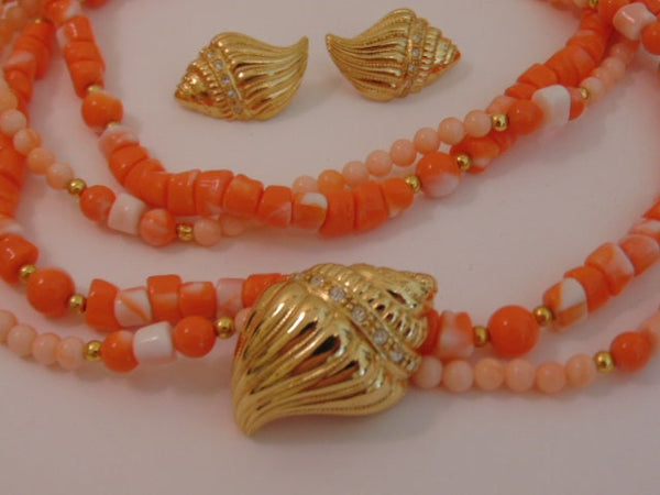 KJL Coral Bead Necklace & Gold Seashell Earrings: Undersea Collection